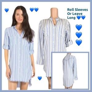 Anthropology Cloth & Stone Blue & White Stripe Frayed Hem Denim Dress SZ S $139